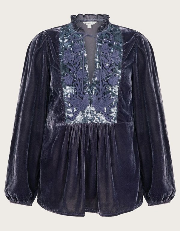 Monsoon Lisa Velvet Embellished Top Grey - Image 5