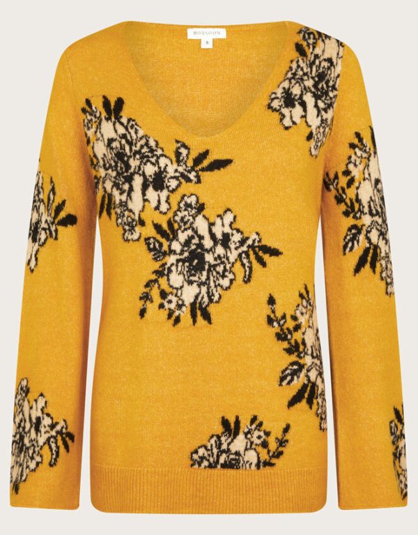 Monsoon Jess V-Neck Floral Jacquard Jumper Yellow - Image 6