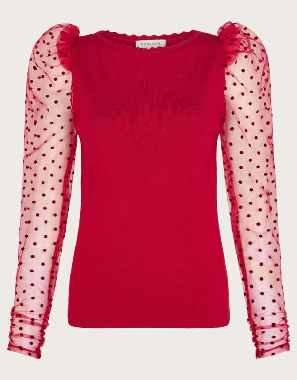 Monsoon Mimi Polka Dot Sleeve Jumper Red - Image 5