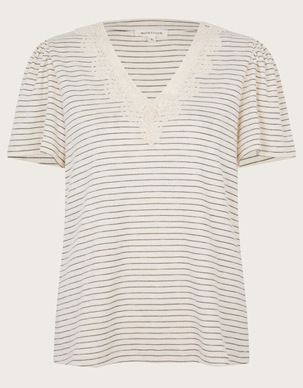 Monsoon Shay Stripe Lace T-Shirt Ivory - Image 6