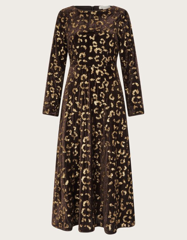 Monsoon Arwen Sequin Leopard Velvet Midi Dress Brown - Image 6