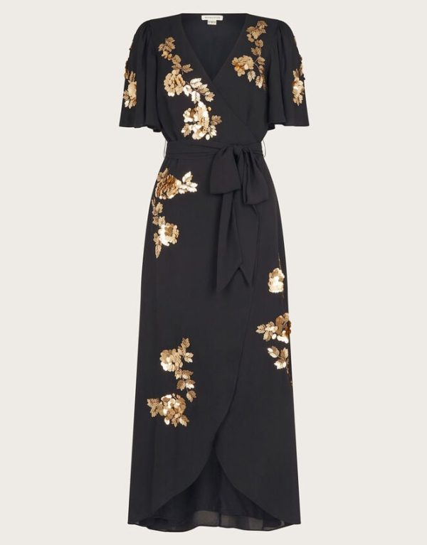 Monsoon Sarah Sequin Floral Midi Wrap Dress Black - Image 5