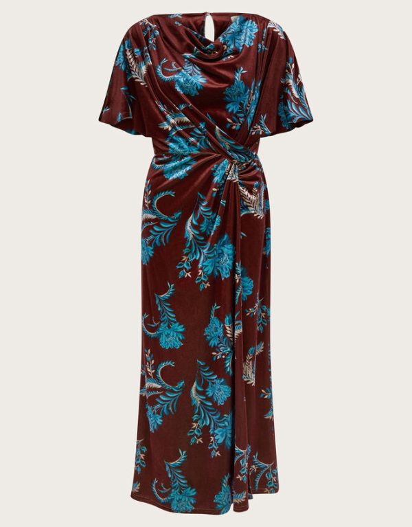 Monsoon Sassa Floral Velvet Cowl Midi Dress Brown - Image 5