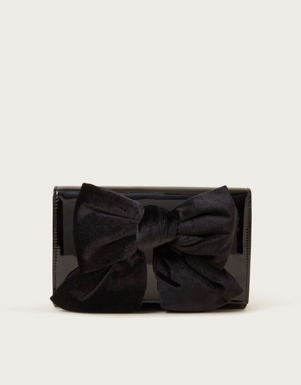 Monsoon Paige Velvet Bow Patent Clutch Bag Black