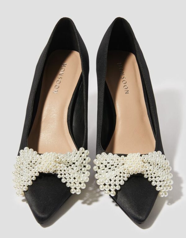 Monsoon Pearl Bow Satin Court Shoes Black