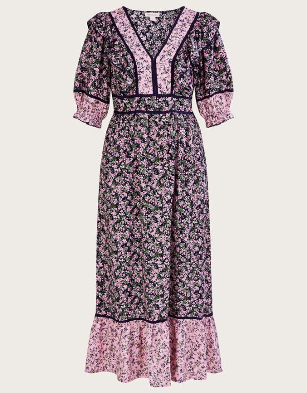 Monsoon V Neck Blossom Print Dolly Dress Purple - Image 4