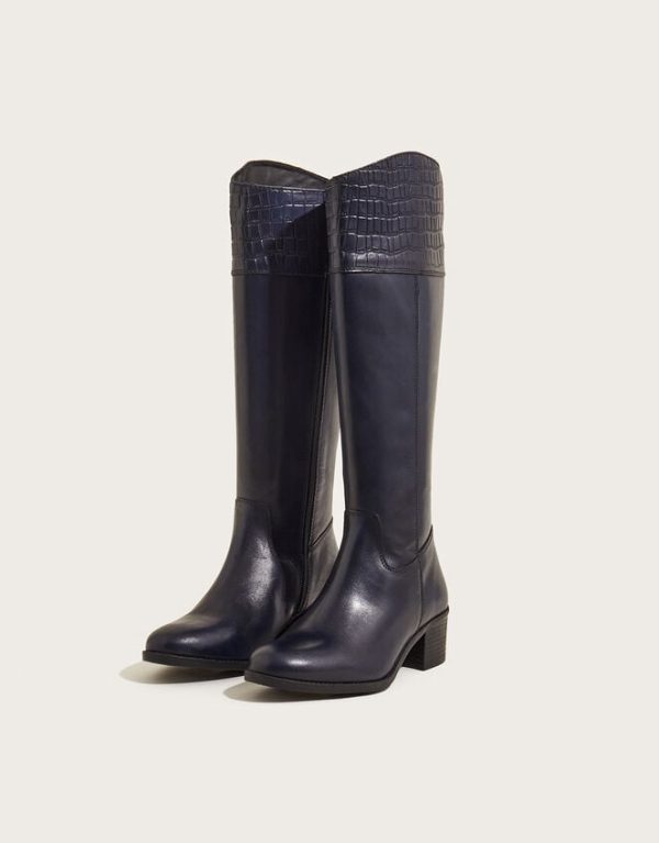 Monsoon Croc Detail Leather Riding Boots Blue