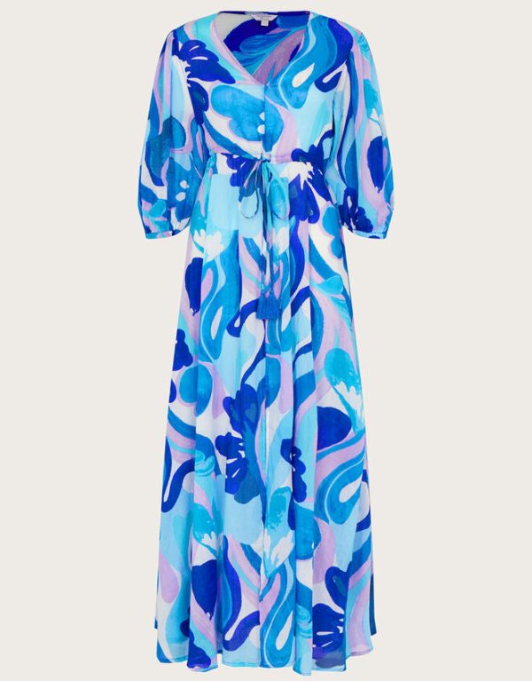 Monsoon Swirl Print Puff Sleeve Maxi Dress Blue - Image 5