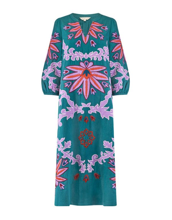 Monsoon East Taylor Embroidered Dress Teal - Image 6