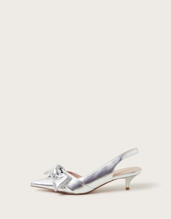 Monsoon Bronte Metallic Bow Slingback Kitten Heels Silver - Image 3