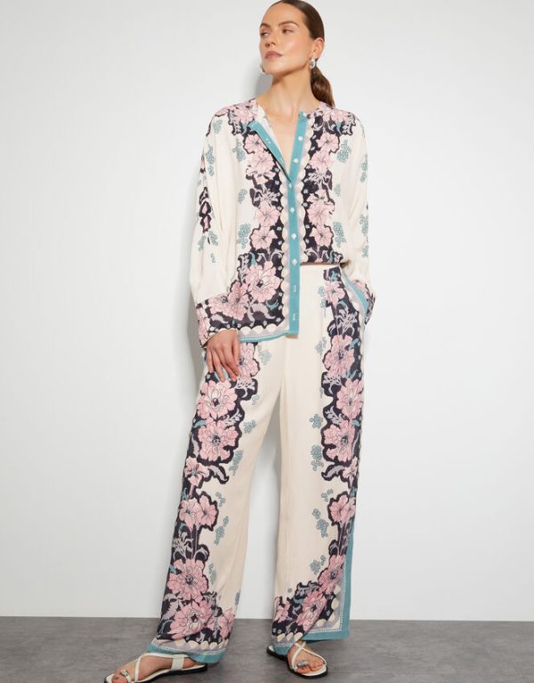 Monsoon Katrina Floral Wide Leg Trousers Ivory