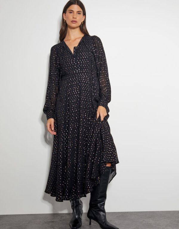 Monsoon Lillian Metallic Polka Dot Dress Black