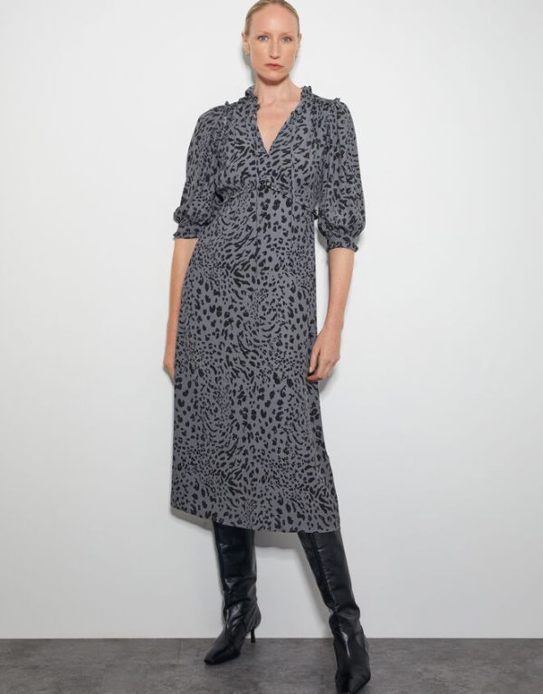 Monsoon Aubrey Leopard Print Midi Dress Grey