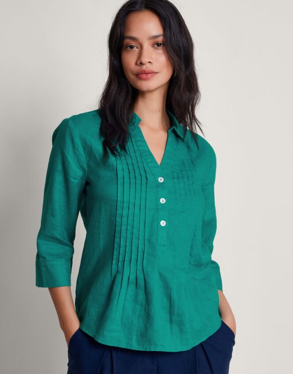 Monsoon Elsie Pintuck Linen Blouse Teal