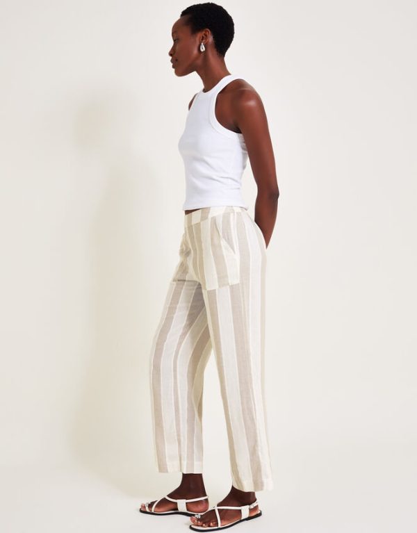 Monsoon Harley Stripe Linen Blend Trousers Natural