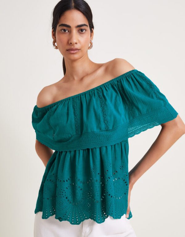 Monsoon Cleo Broderie Bardot Top Teal