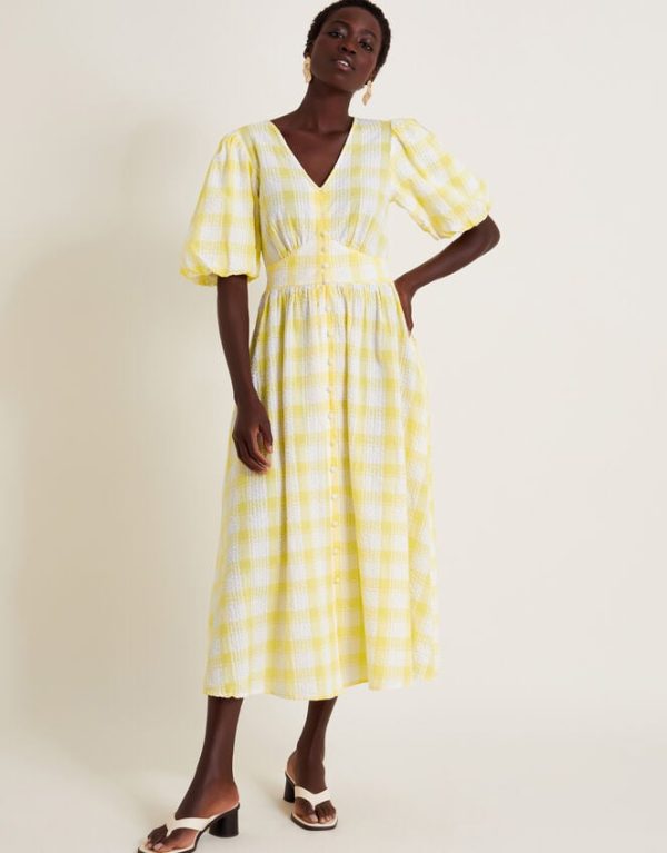 Monsoon Zola Gingham Short Sleeve Midi Dress Yellow