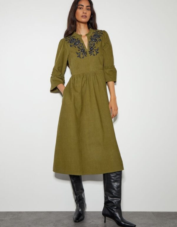 Monsoon Edith Embroidered Corduroy Midi Dress Green