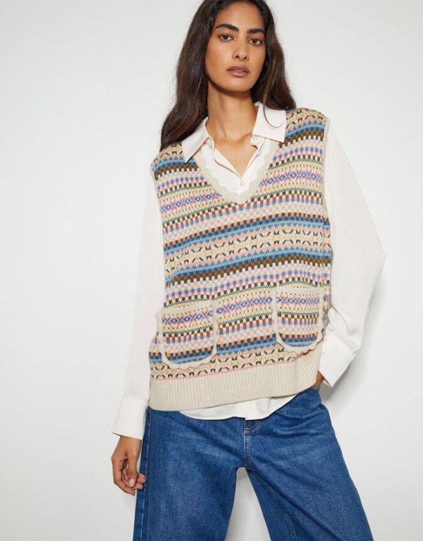 Monsoon Fawn Fair Isle Sweater Vest Natural