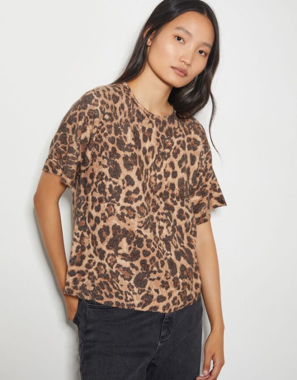 Monsoon Amy Leopard Print Short Sleeve Jumper Brown