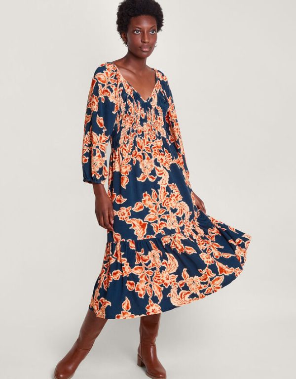 Monsoon Fora Floral Midi Dress Blue