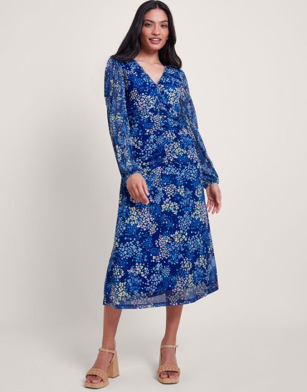 Monsoon Micola Print Mesh Dress Blue