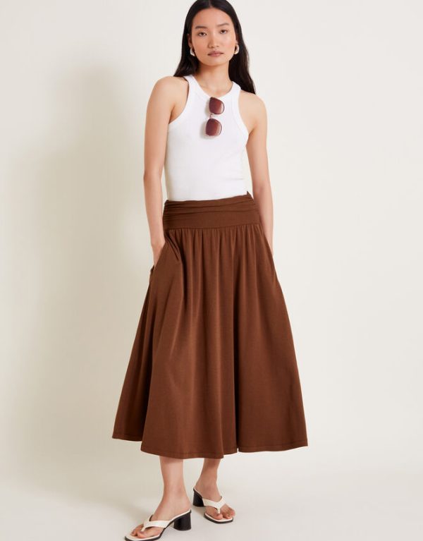 Monsoon Jourdana Jersey Midi Skirt Brown