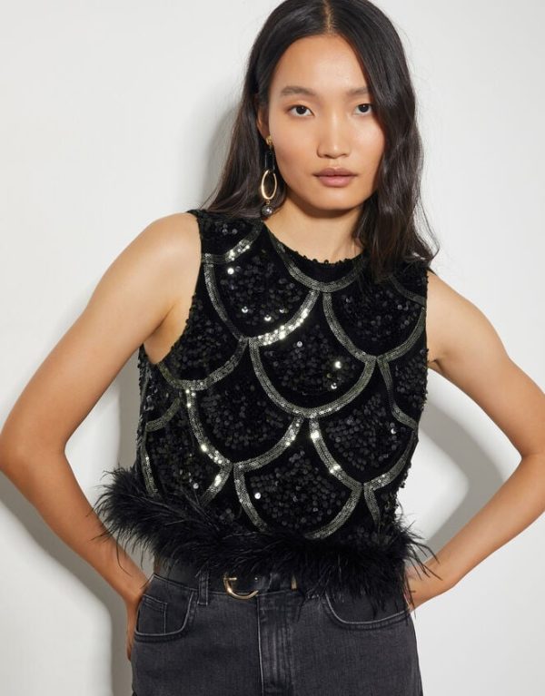 Monsoon Sira Sleeveless Sequin Feather Top Black