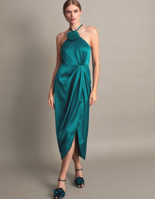 Monsoon Sabrina Corsage Halterneck Dress Teal