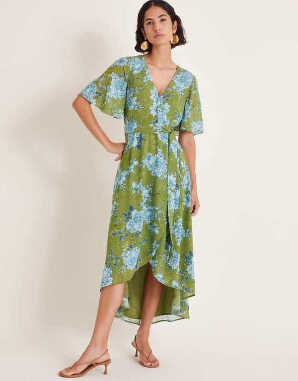 Monsoon Eva Floral Wrap Midi Dress Green