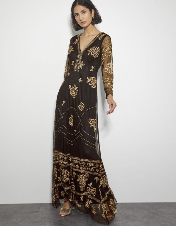 Monsoon Grace Embroidered Mesh Sleeve Maxi Dress Black