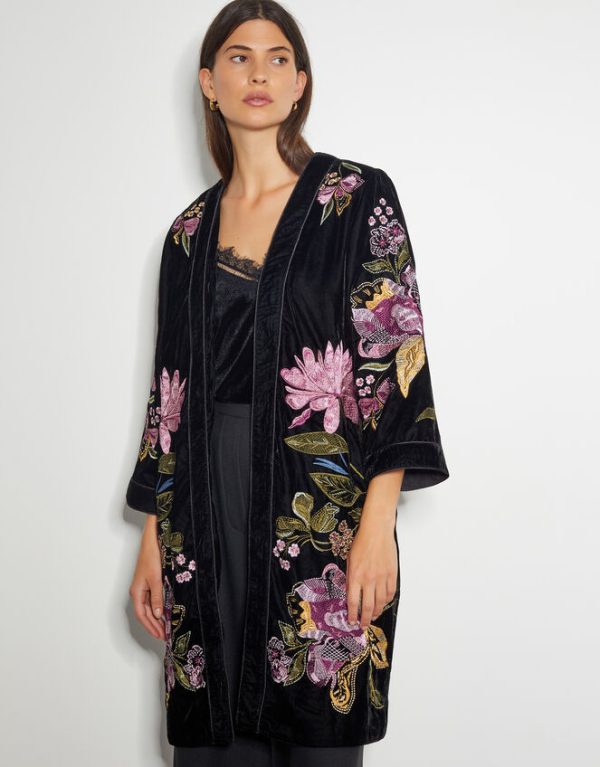 Monsoon Freya Velvet Embroidered Kimono Black