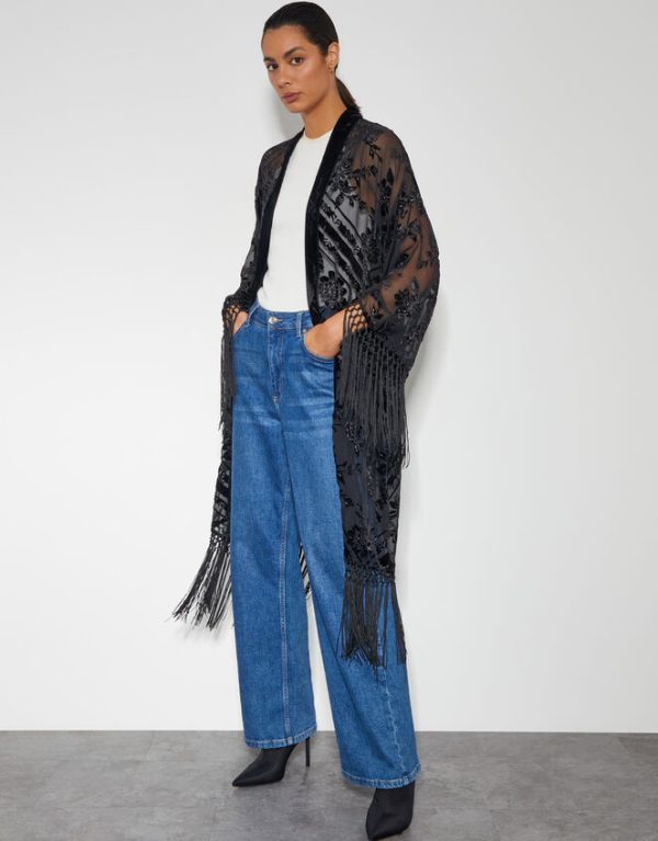 Monsoon Darcy Fringe Floral Devore Kimono Black