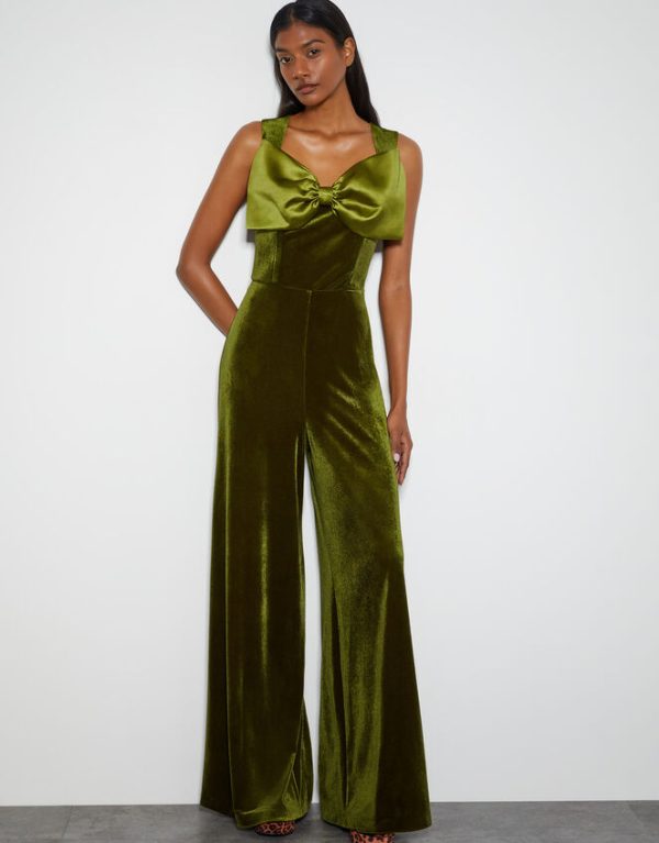 Monsoon Monsoon x Sarah Corbett-Winder Satin Bow Velvet Jumpsuit Green