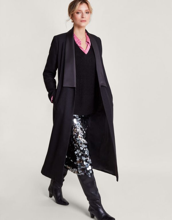 Monsoon Tallulah Wool-Rich Long Tuxedo CoatBlack