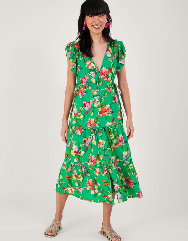 Monsoon Lilou Floral Tea Dress Green