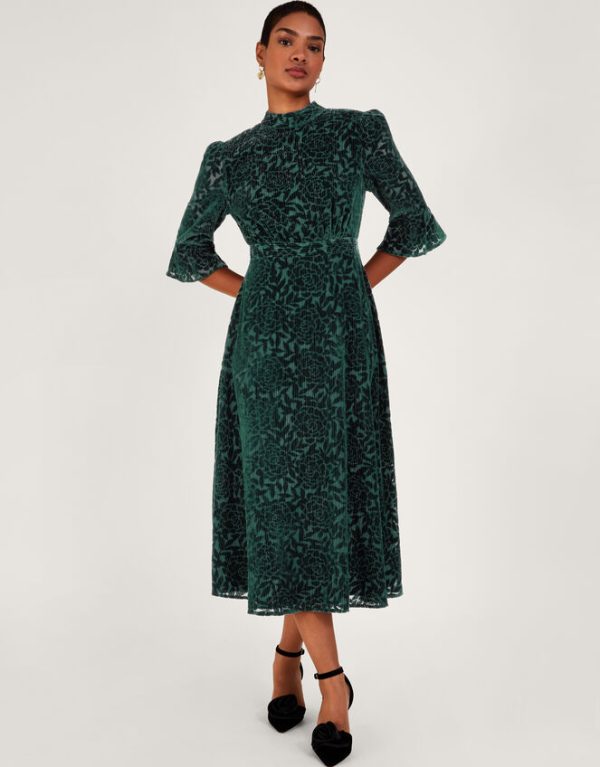 Monsoon Fleur Devore Midi Dress Teal