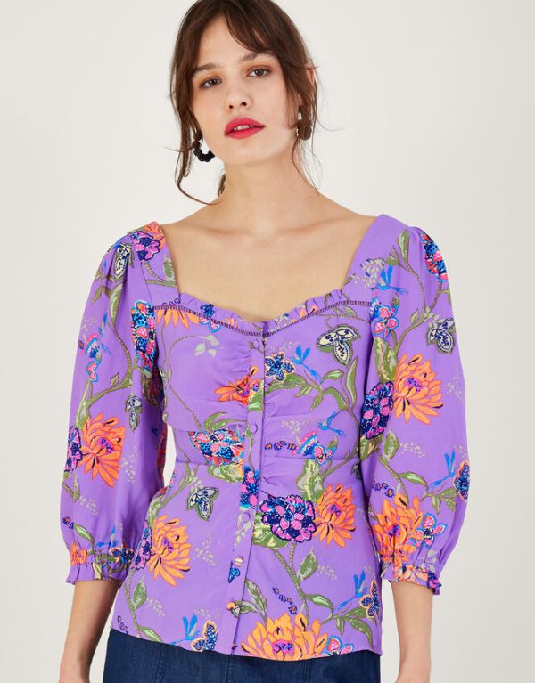 Monsoon Regina Print Puff Sleeve Top Purple