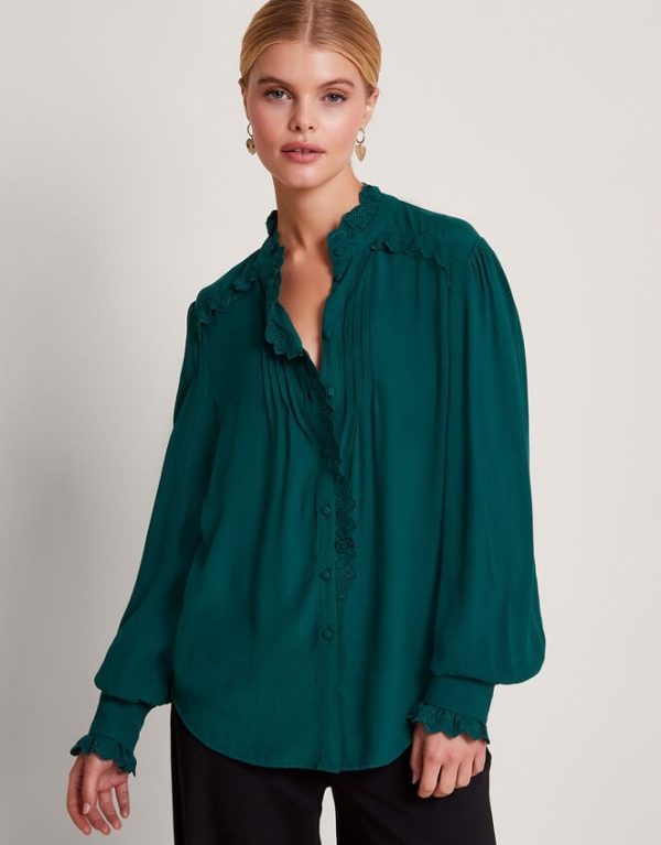 Monsoon Prue Lacy Pintuck Blouse Green