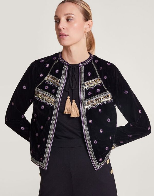 Monsoon Vera Embellished Velvet Jacket Black