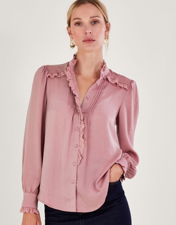 Monsoon Perry Satin Pintuck Blouse Pink