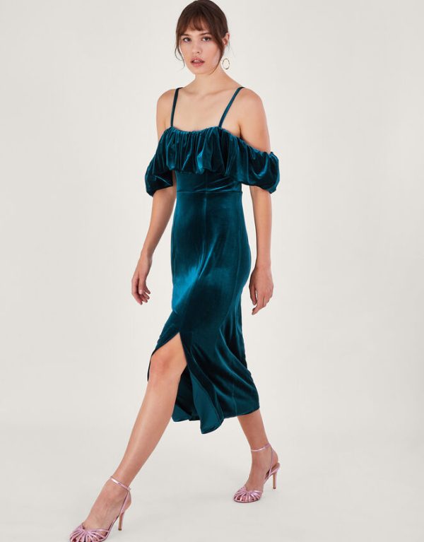 Monsoon Agatha Velvet Bardot Dress Teal