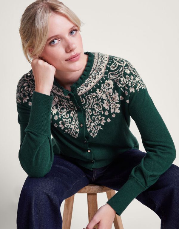 Monsoon Hope Fair Isle Cardigan Green