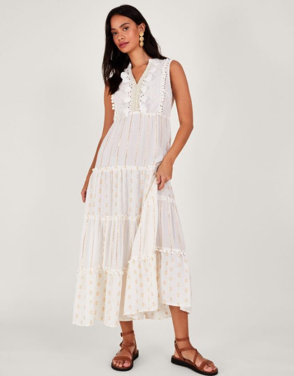 Monsoon Metallic Maxi Kaftan Dress Ivory