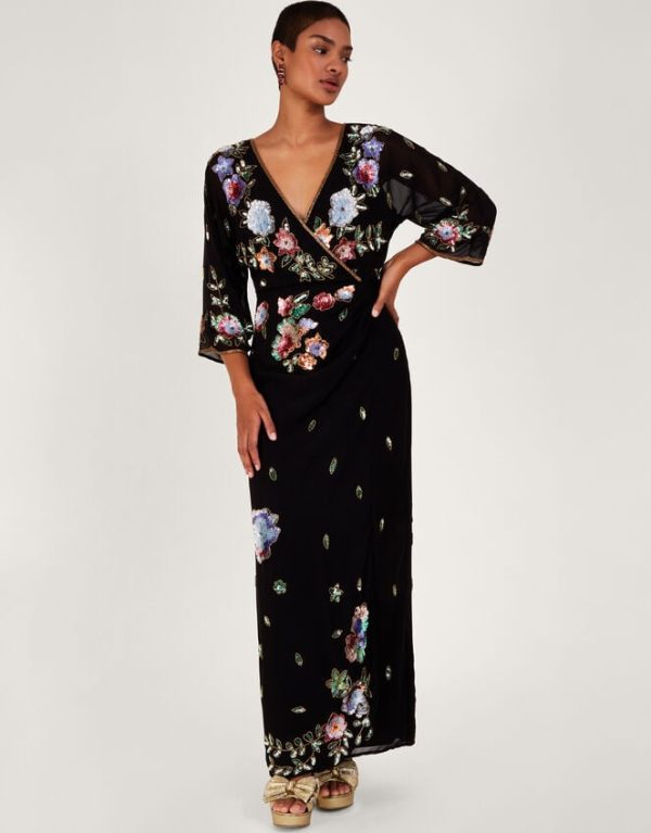 Monsoon Josie Embroidered Wrap Dress Black