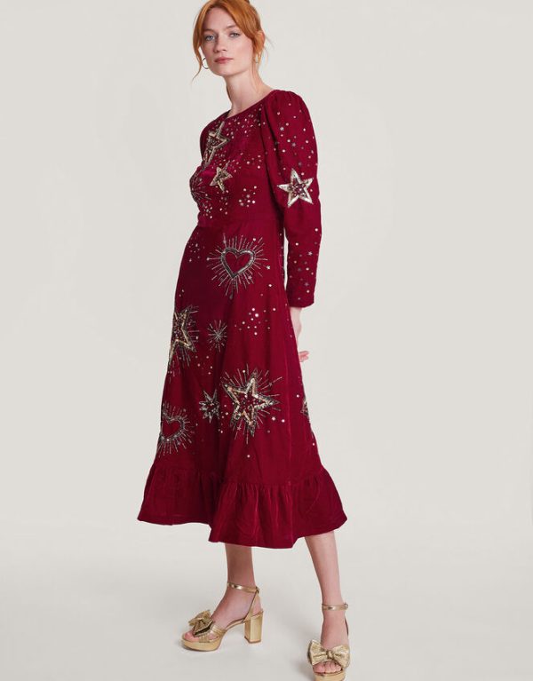 Monsoon Kata Embellished Velvet Dress Red