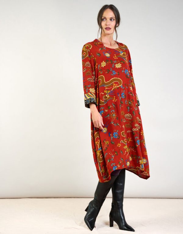 Monsoon One Hundred Stars Asymmetric Dragon Print Dress Orange - Image 2