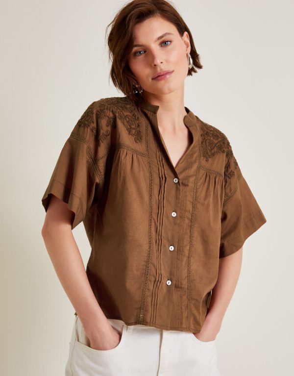 Monsoon Aerin Embroidered Short Sleeve Blouse Brown - Image 2