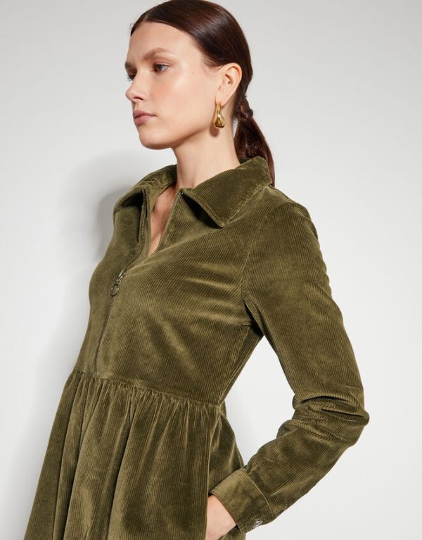 Monsoon Alana Cord Zip Midi Dress Green - Image 2