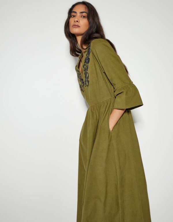 Monsoon Edith Embroidered Corduroy Midi Dress Green - Image 2